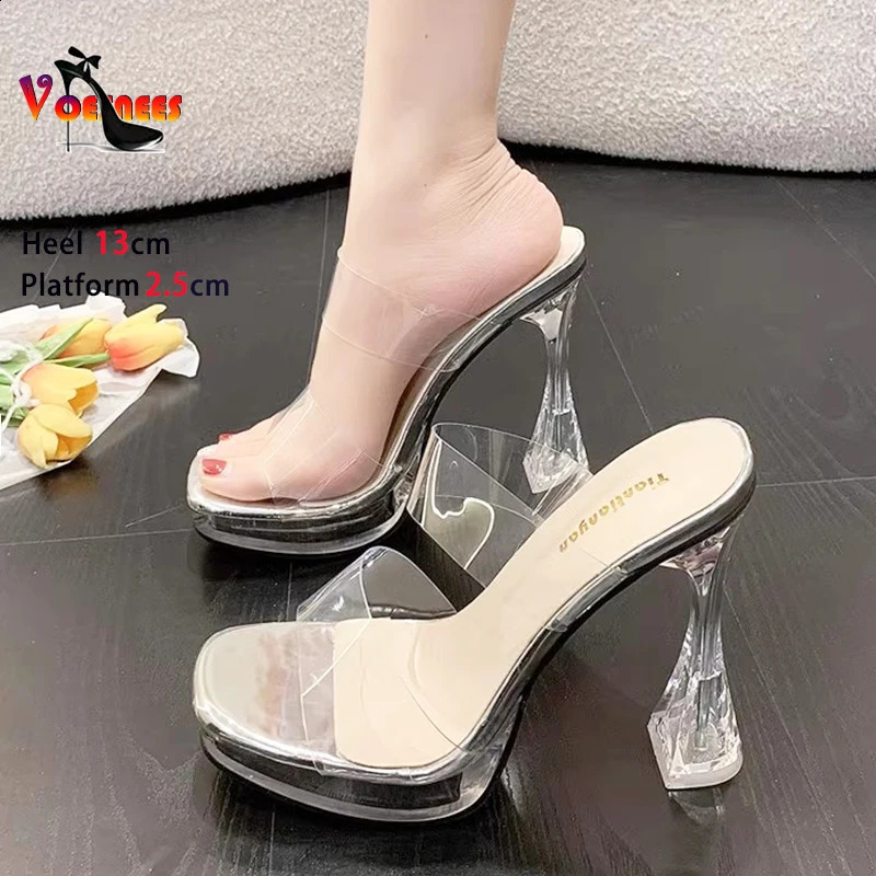 Transparent PVC Clear Heel Slippers Womens Square Toe 10CM 13CM High Heels Mules Summer Slip On Sandals Ladies Shoes 250118