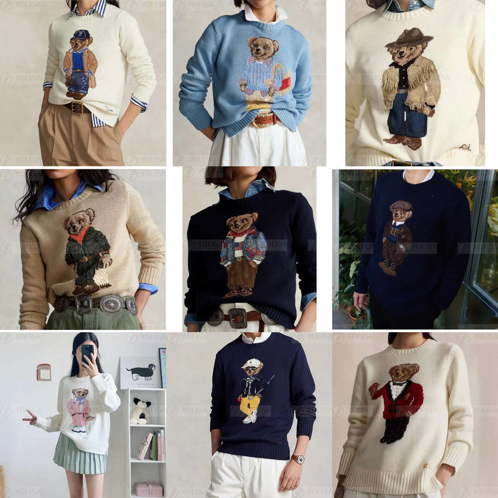 Winter RL Womens Ralphlys Laurent Sweaters Laureen Fashion Cartoon Embroidery Bears Cotton Sweater Top Quality Versatile Casual Long Sleeve Polo Sweater 8A8