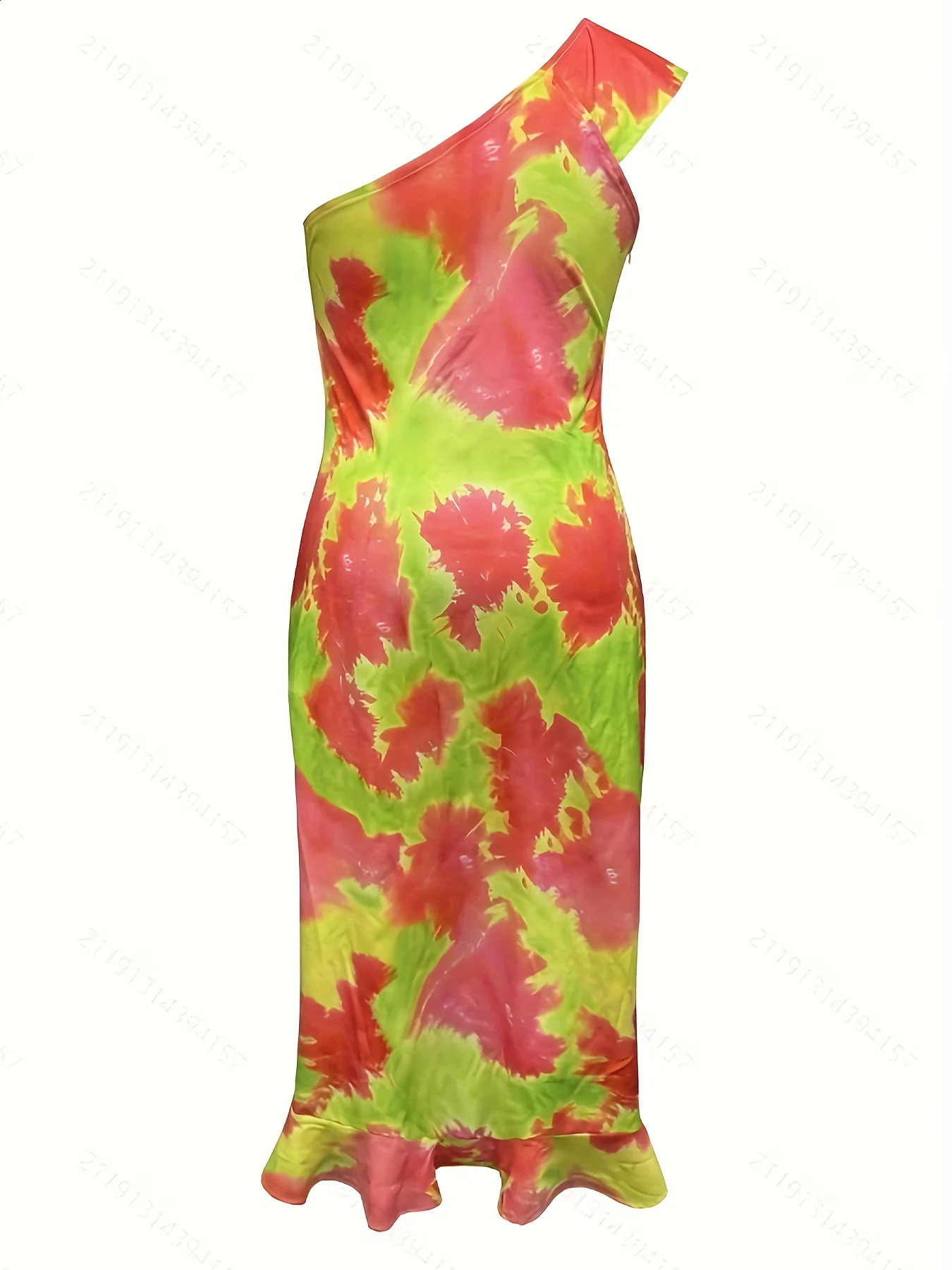 Plus size European and American fashion sexy oneshoulder tiedye dress suitable for dating parties short front long back 250121