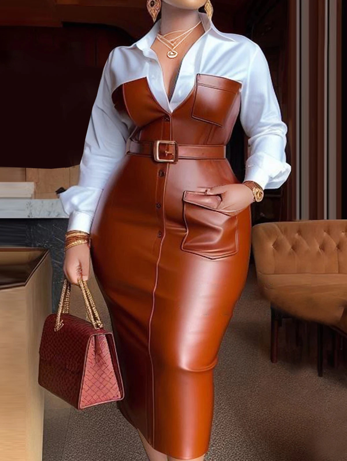 Womens Shirt Collar Dresses Autumn Buttons Long Sleeve PU Leather Patchwork Pocket Skinny Belted Lapel Female Midi Dress 250122