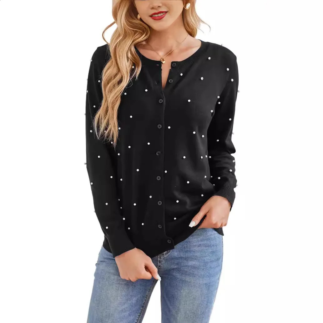 Fashion Solid Long Sleeve Threaded Cardigan Womens Elegant Beaded Round Neck Button Sweater Tops Autumn Winter Female Clothing 250109Z