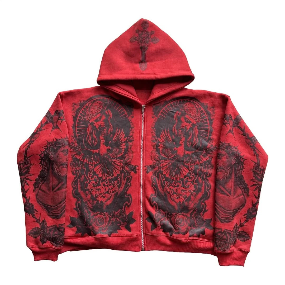 Y2k Vintage Casual God Printed Zip Up Hoodie Sweatshirt Aesthetic Gothic Fashion Couple Tops Hiphop High Street Clothes 250109