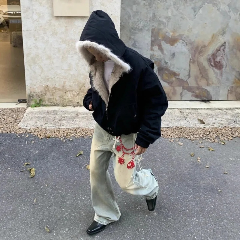 American Fashion Solid Color Fur Collar Cotton Hooded Jacket Men Autumn Winter Street Loose Velvet Thickened Casual 250109Z