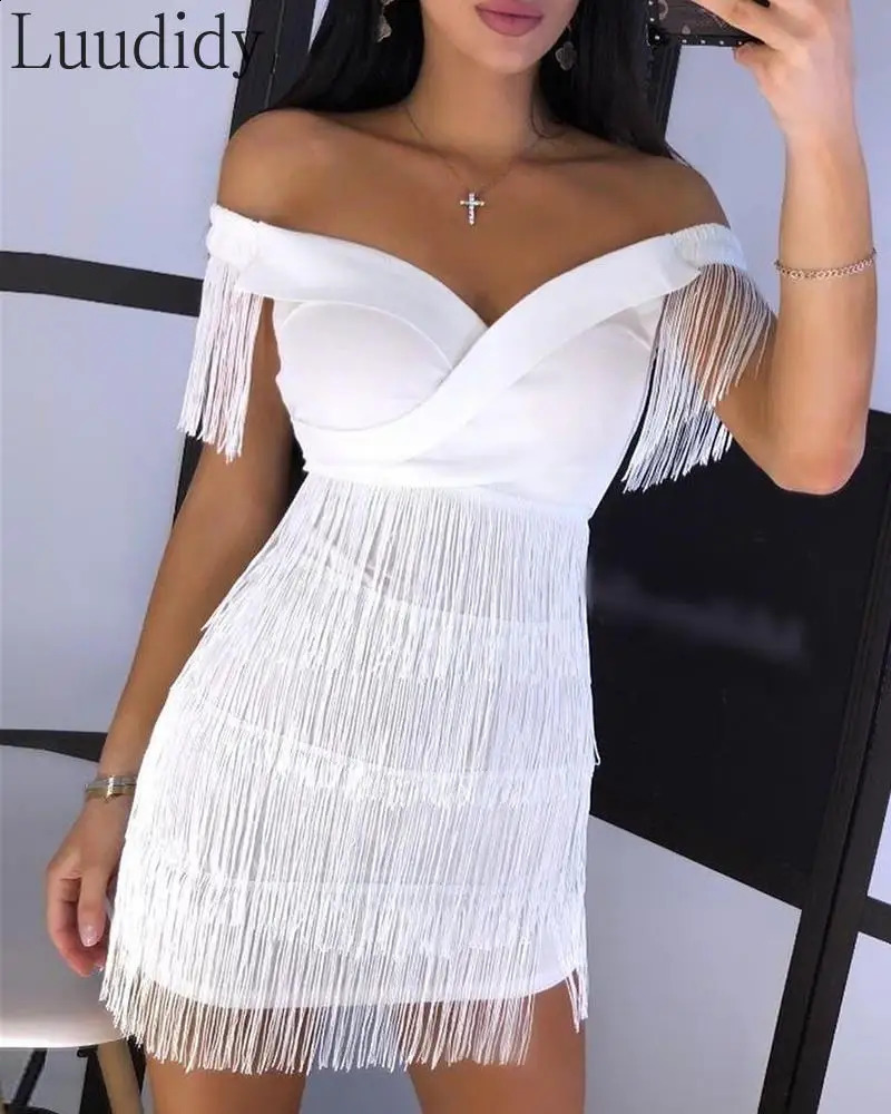 White Fringe Celebrity Evening Runway Party Dress Women Sexy Tassels Short Sleeve Club Vestidos 250120