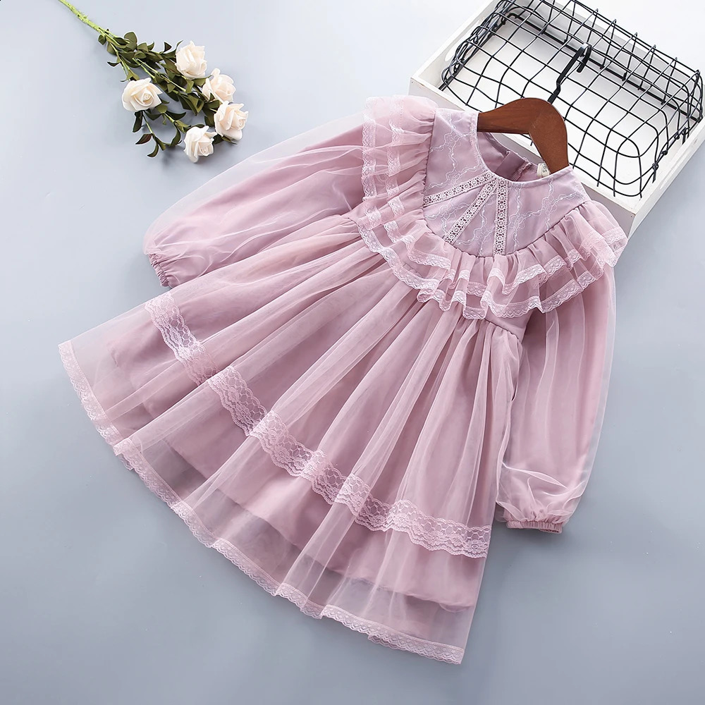 3-7 Years High Quality Spring Autumn Cute Lace Floral Draped Ruched Kid Children Clothing Girl Party Birthday Princess Dress 250120