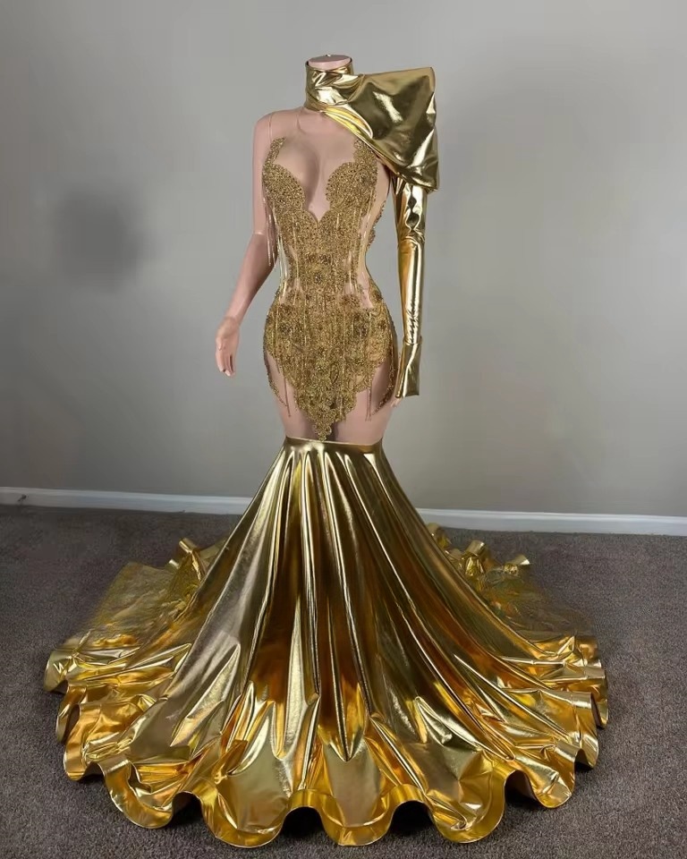 Sexy Sheer Neck Gold Prom Dresses For Black Girls Long Sleeve Beaded Evening Dress Tassel Birthday Party GownsCustomized