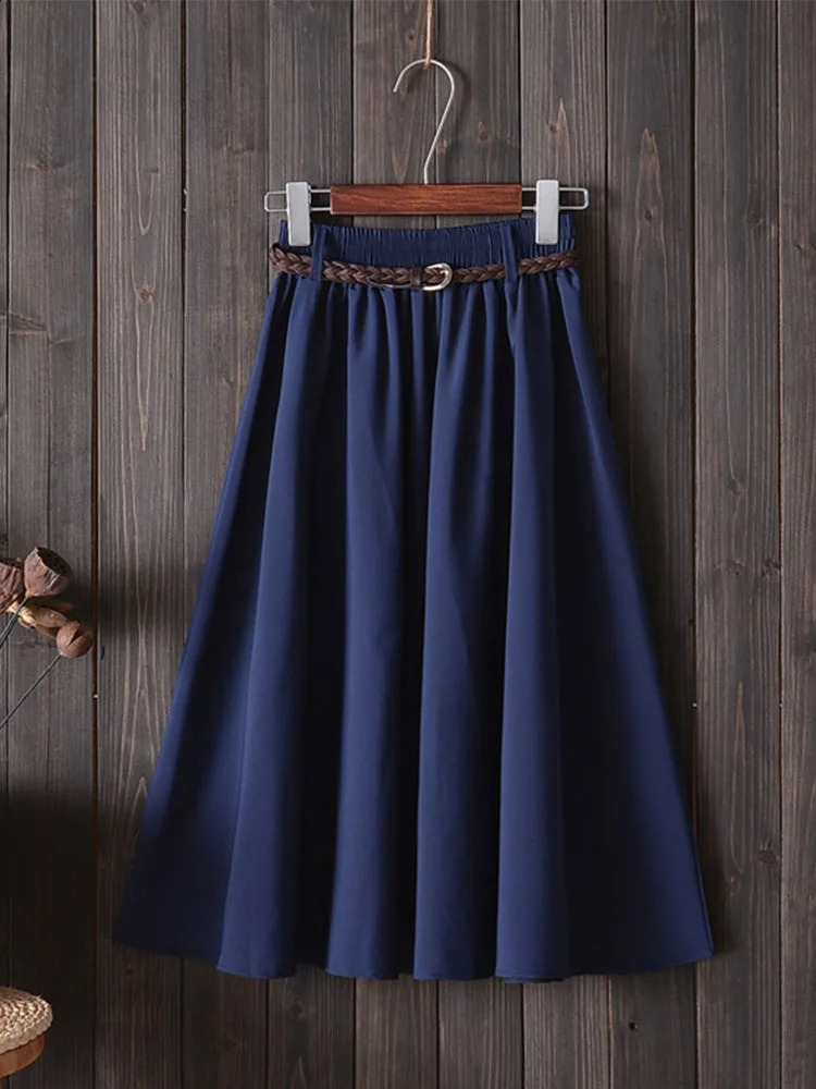 Midi Knee Length Summer Skirt Women With Belt Fashion Korean Ladies High Waist Pleated Aline School Female 250110Z