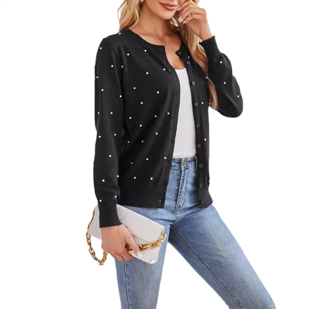 Fashion Solid Long Sleeve Threaded Cardigan Womens Elegant Beaded Round Neck Button Sweater Tops Autumn Winter Female Clothing 250109Z