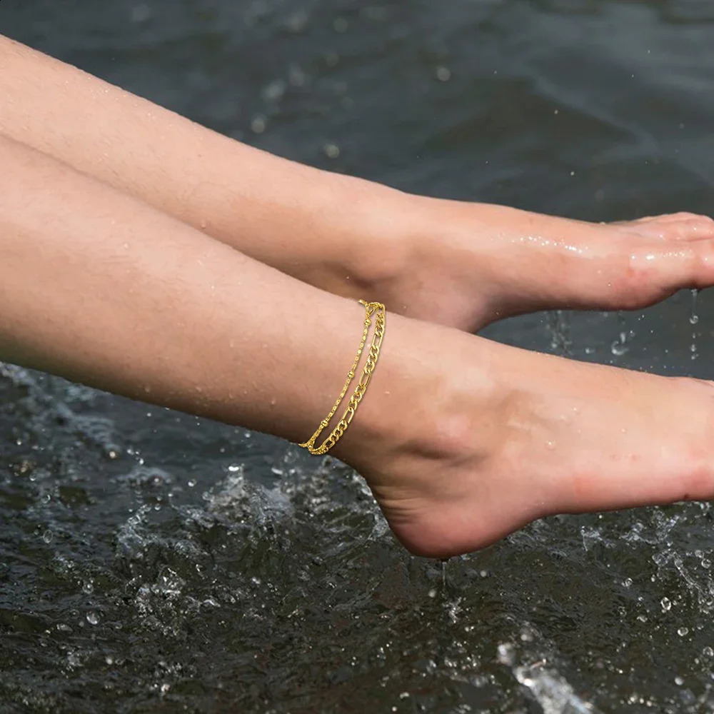 2Pcs Fashion Stainless Steel Anklet Set For Women Cuban Rice Bead Chain On Foot Ankle Bracelet Female Never Fade Jewelry 250114