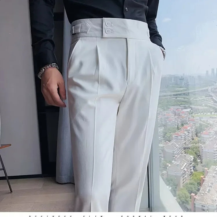 Italian Mens High-waisted Adjustable Belt Casual Suit Pants Parisian Buttoning Nine-point-fourth Length Trousers 250116
