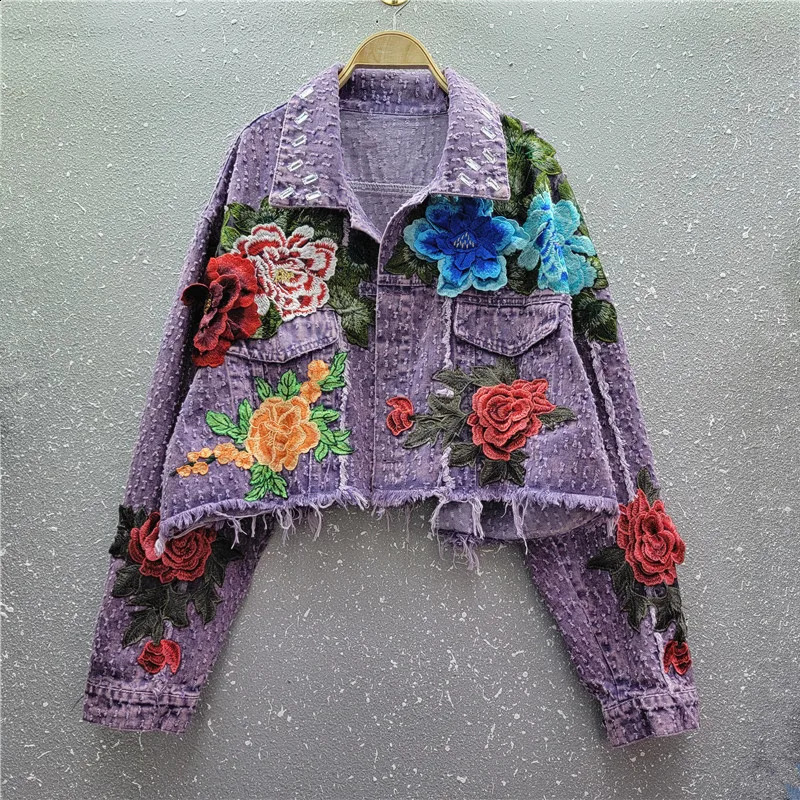 Embroidery Flower Purple Denim Jacket Women Casual Loose Short Cow Outwear Spring Autumn Hem Frayed Jeans Jacket Coat Female 250107