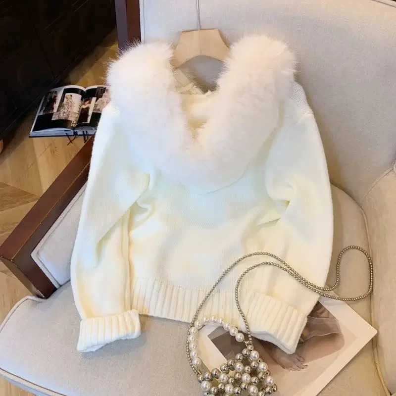 Korean double zipper fur collar stitching n sense hooded knit cardigan womens slim and top in autumn winter 250109