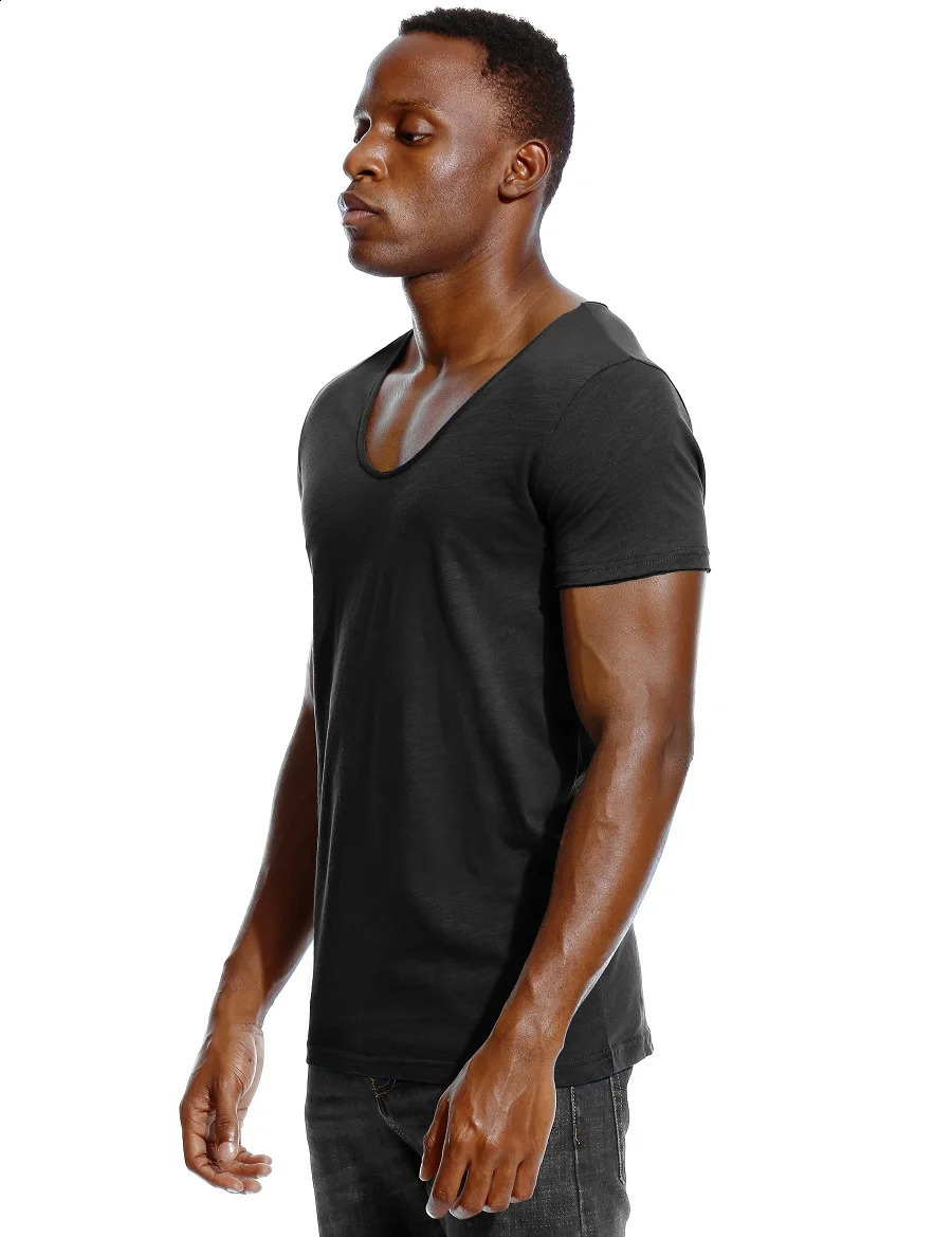Scoop Neck T Shirt for Men Low Cut Deep V Wide Vee Tee Male Tshirt Invisible Undershirt Slim Fit Short Sleeve 250110