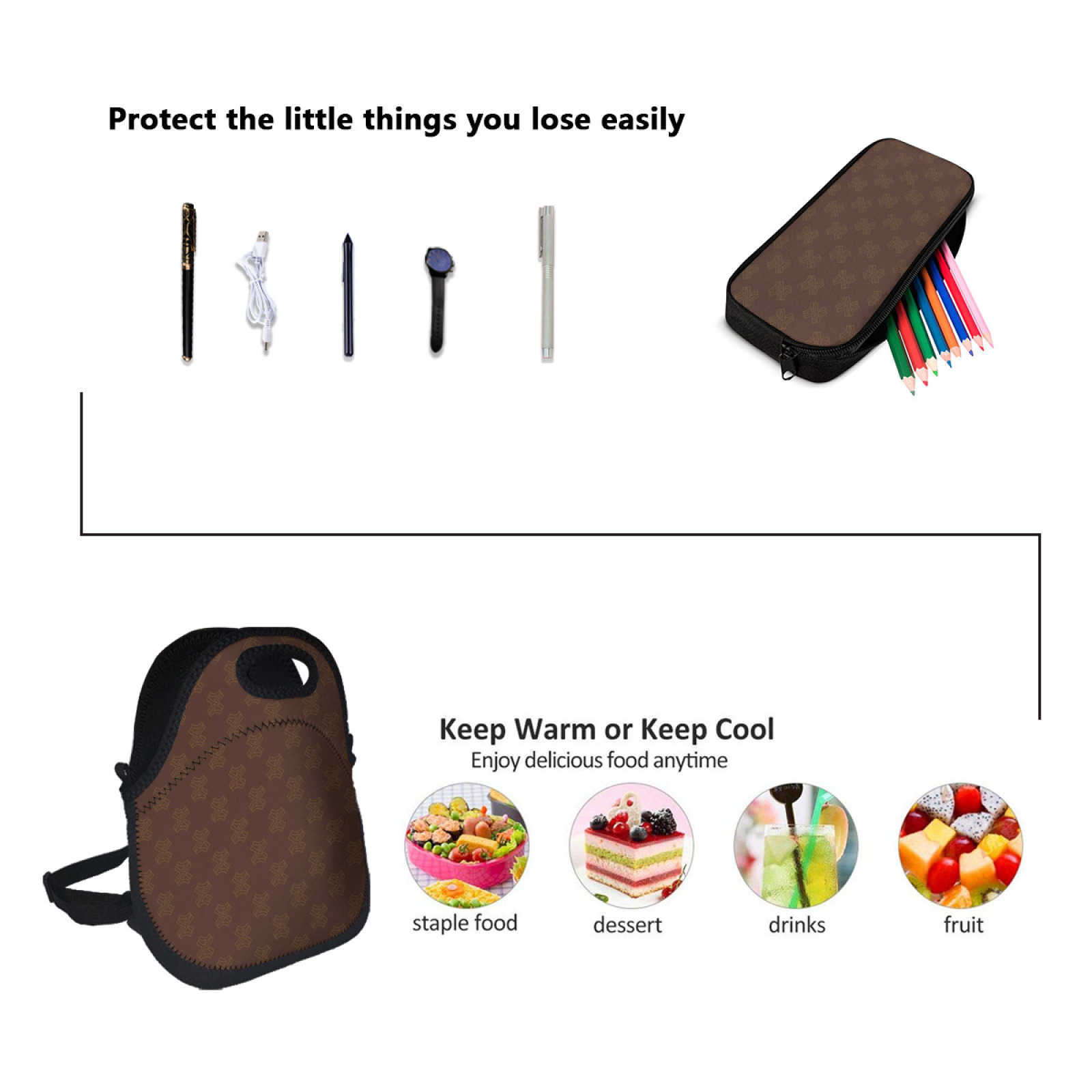 NXY Large Capacity Tote Bag Brown Lunch Bag+pencil Bag Shoulder Tote Bag Folding Handbag Reusable Shoulder Bag Shopping Bag Hip