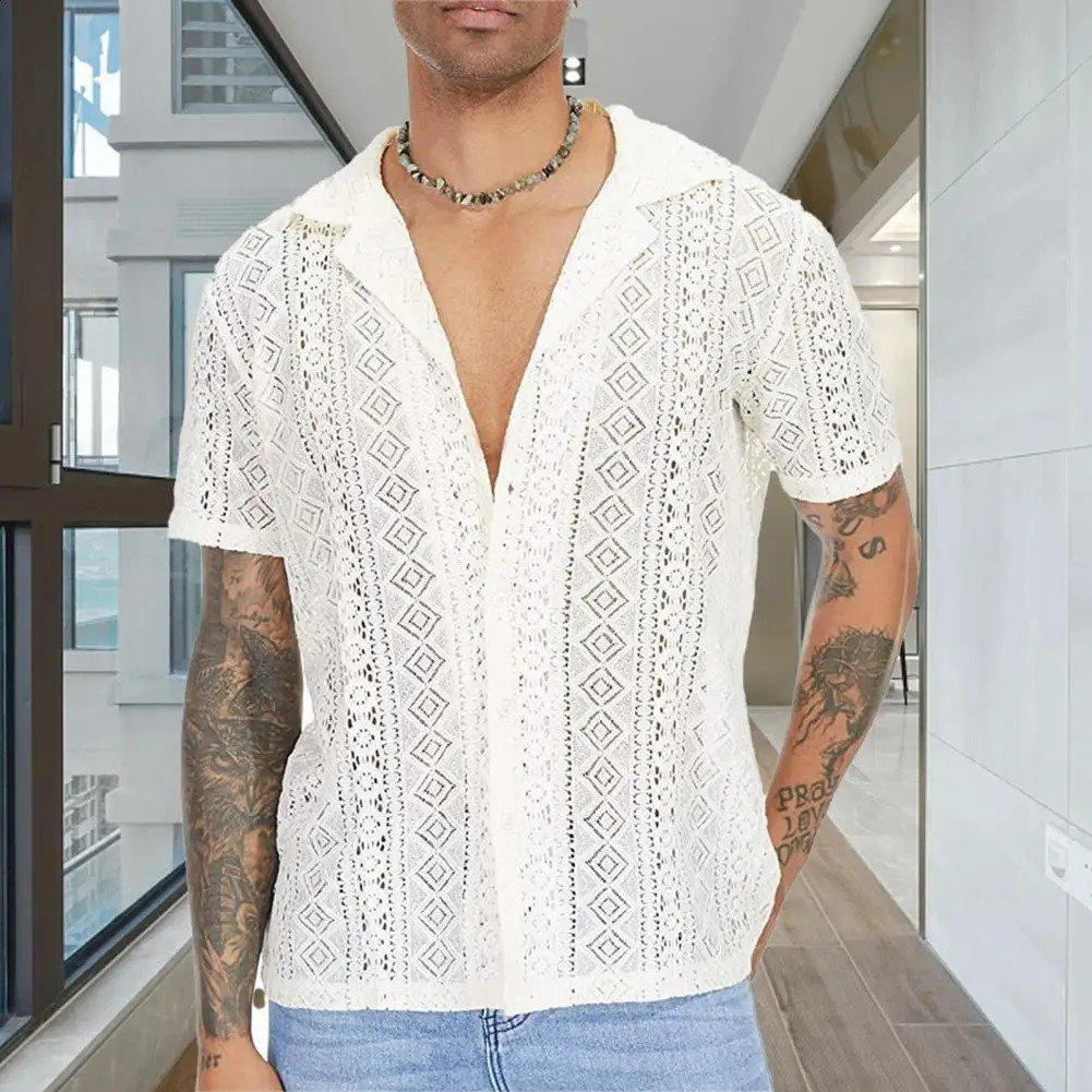 Hollow Out Men Shirt Lapel Short Sleeves See-through Cutout Men T-shirt Loose Mid-length Breathable Men T-shirt Man Clothes 250118