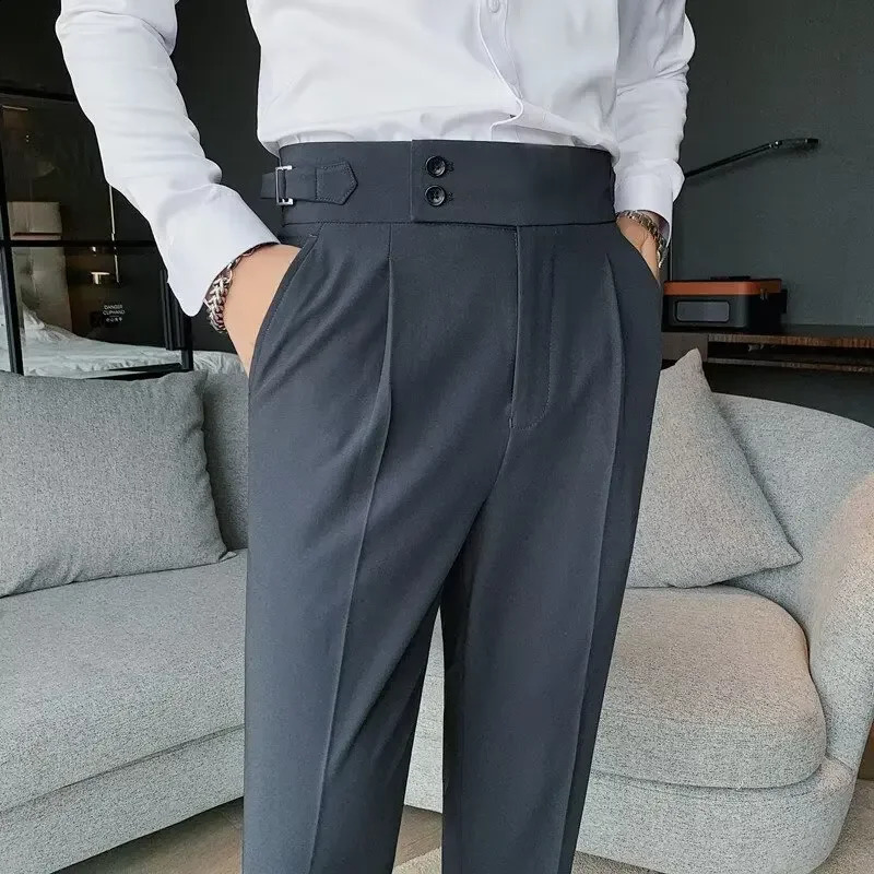 Italian Mens High-waisted Adjustable Belt Casual Suit Pants Parisian Buttoning Nine-point-fourth Length Trousers 250116