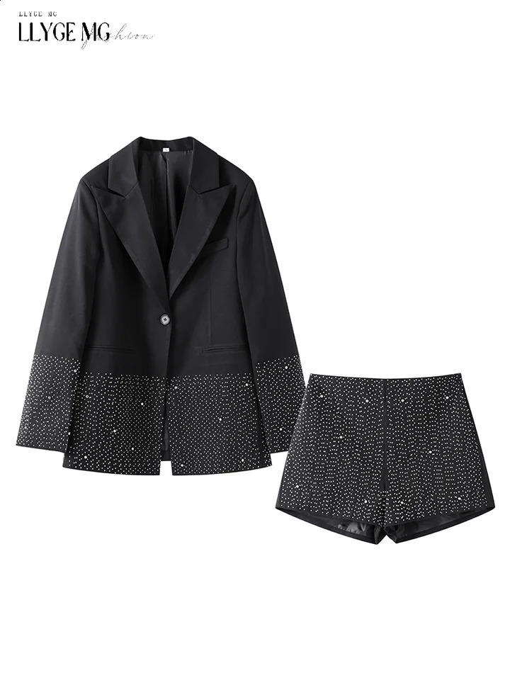Elegant Rhinestone Short Set Women Spring Autumn Lapel Pockets Button Jacket Full Sleeve Suit Lady High Waist Stylish Sets Woman 250113