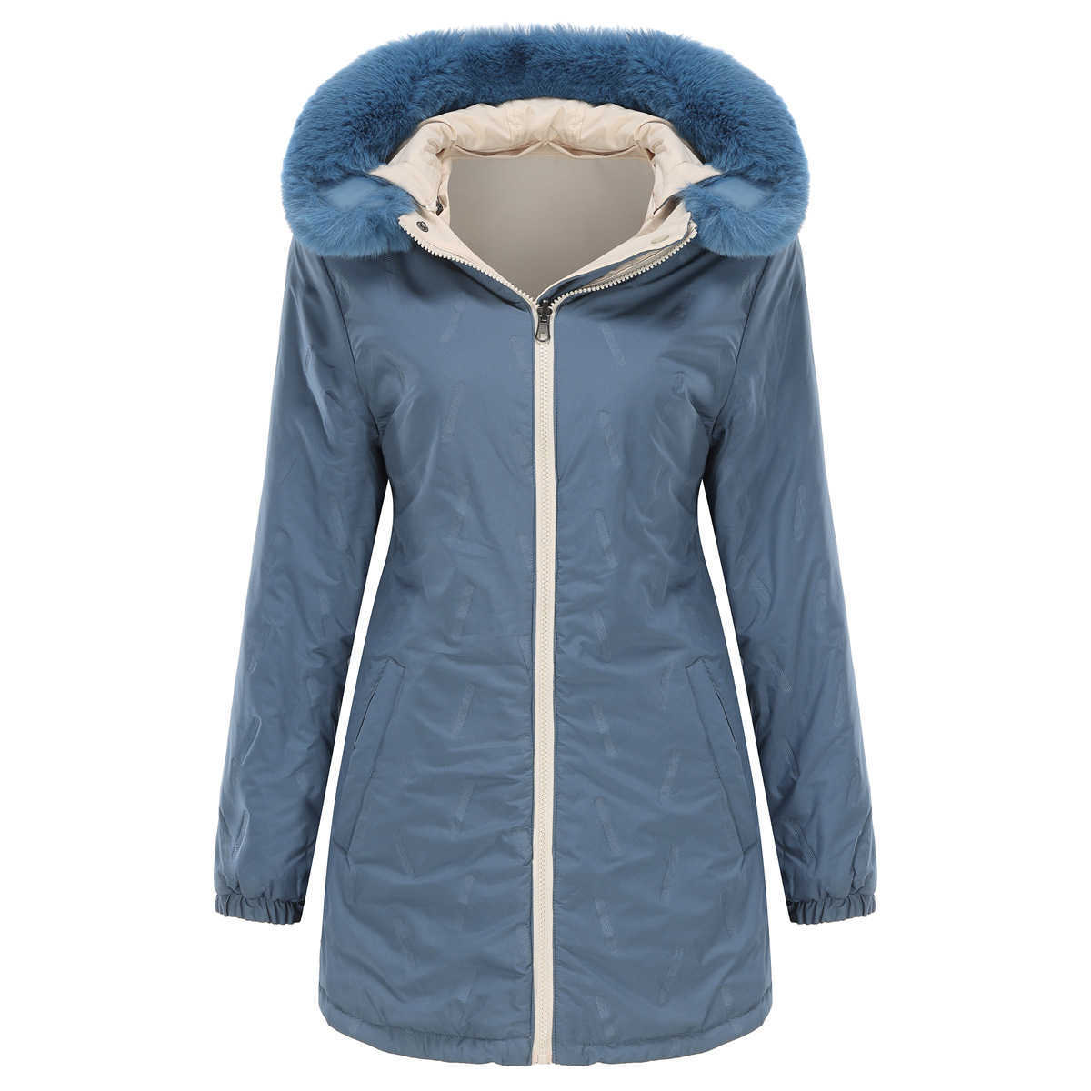 Autumn Winter Two Sided Warm Cotton Coat Detachable Hat Long Sleeve Zipper Thick Cotton Coat Hairy Collar Overcomes Womens Long Trench Coat Womens Jac