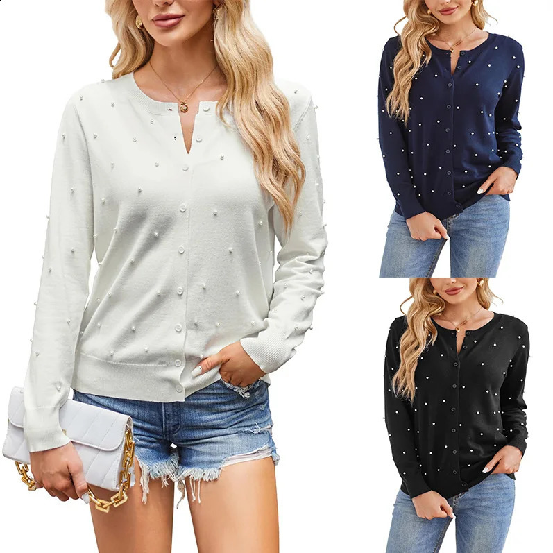 Fashion Solid Long Sleeve Threaded Cardigan Womens Elegant Beaded Round Neck Button Sweater Tops Autumn Winter Female Clothing 250109Z