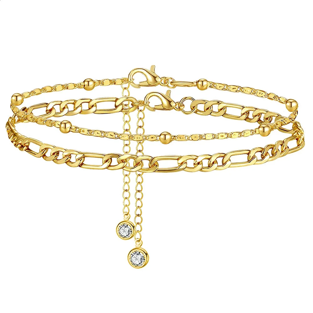 2Pcs Fashion Stainless Steel Anklet Set For Women Cuban Rice Bead Chain On Foot Ankle Bracelet Female Never Fade Jewelry 250114