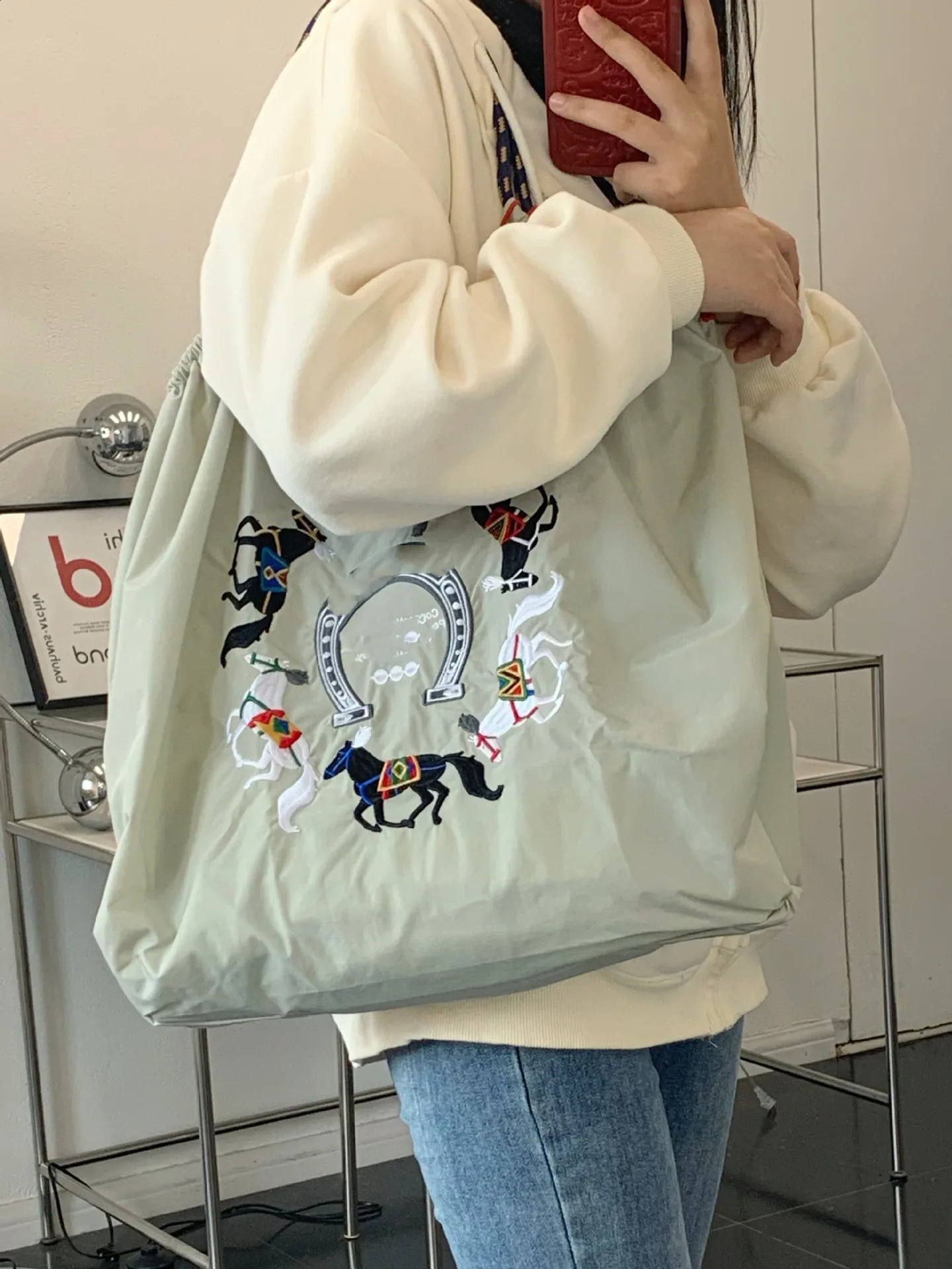 Japanese Embroidered Shopping Bag Handbag Oxford Bag Embroidered Nylon Waterproof Shopping Bag 250122