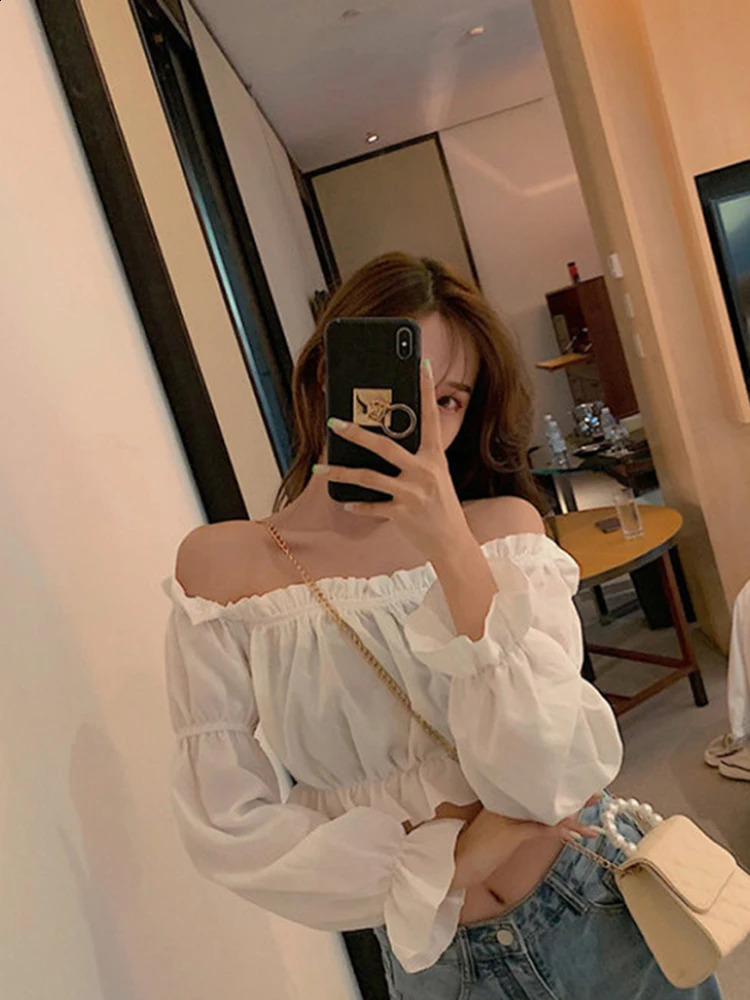 Womens top sexy shirt shoulder long sleeves solid color white fluffy ruffles tuned summer y250122