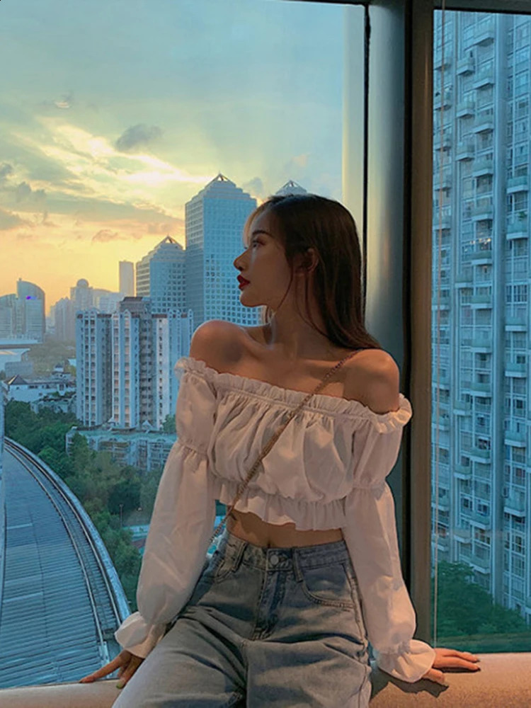 Womens top sexy shirt shoulder long sleeves solid color white fluffy ruffles tuned summer y250122