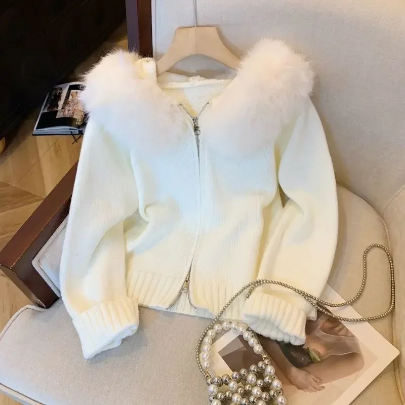 Korean double zipper fur collar stitching n sense hooded knit cardigan womens slim and top in autumn winter 250109