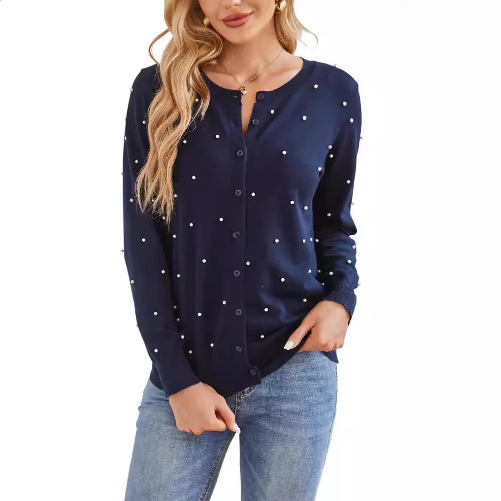 Fashion Solid Long Sleeve Threaded Cardigan Womens Elegant Beaded Round Neck Button Sweater Tops Autumn Winter Female Clothing 250109Z