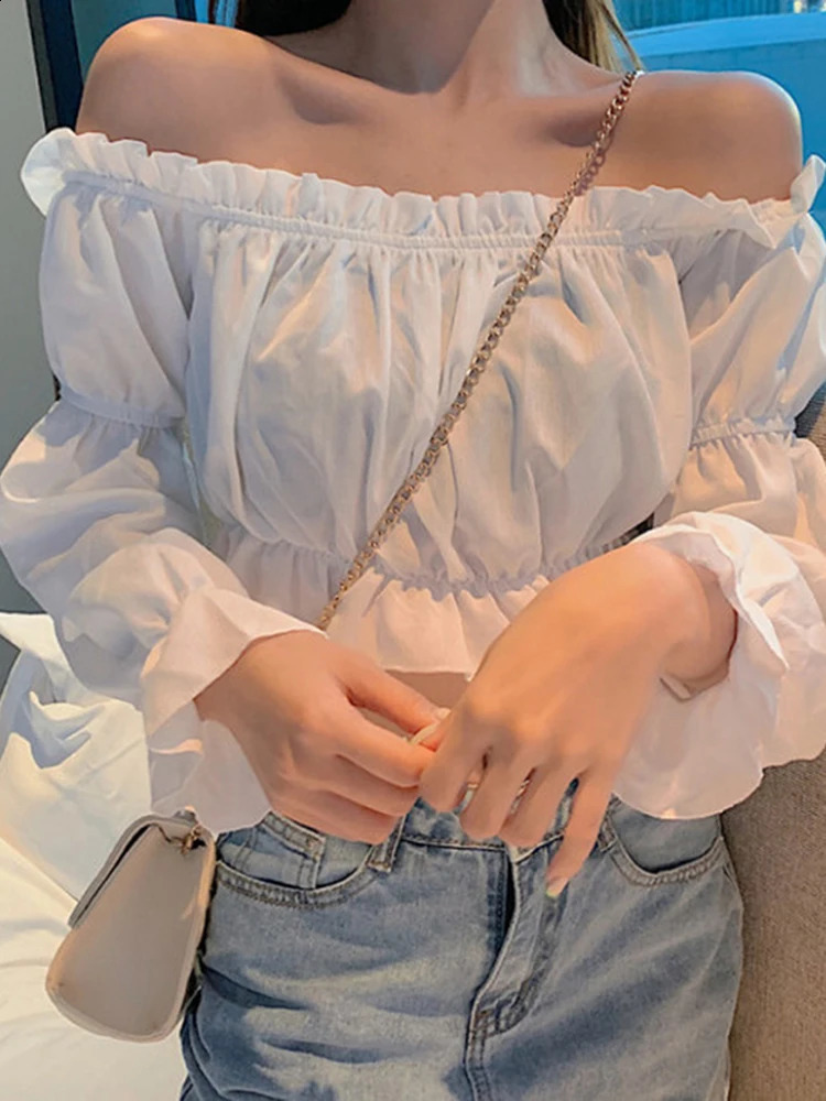 Womens top sexy shirt shoulder long sleeves solid color white fluffy ruffles tuned summer y250122