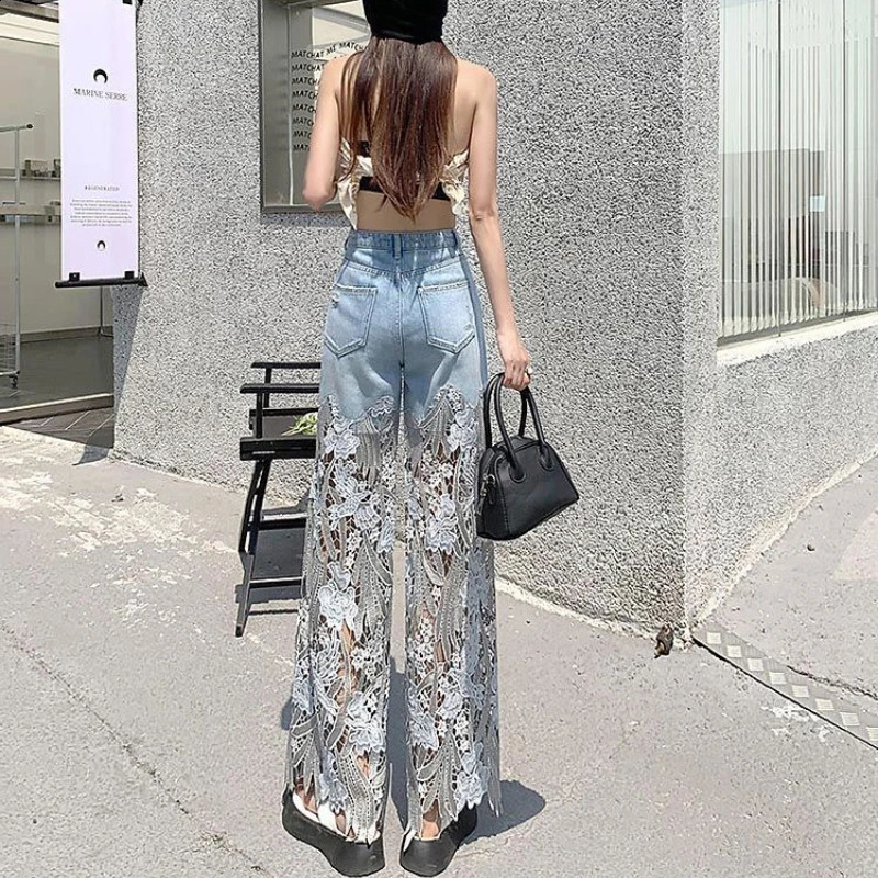 Fashion Elegant Jeans for Women High Waist Lace Patchworl Hollow Out Irregular Womens Casual Loose All Match Pants 250117