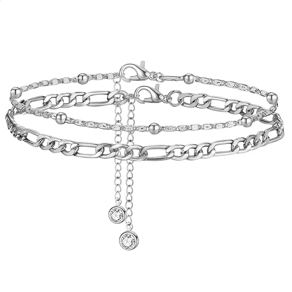 2Pcs Fashion Stainless Steel Anklet Set For Women Cuban Rice Bead Chain On Foot Ankle Bracelet Female Never Fade Jewelry 250114