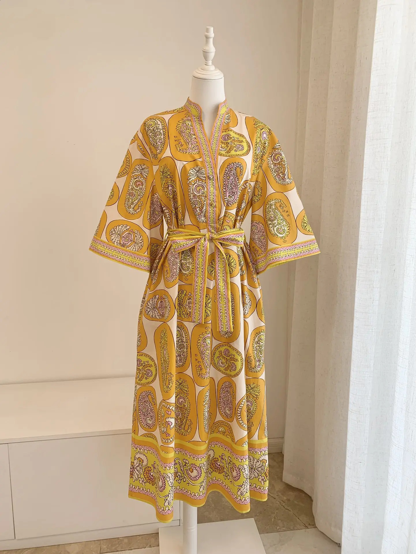 Women Organic Cotton Half High Collar Paisley Printed Midi Dress with Sashes 250121