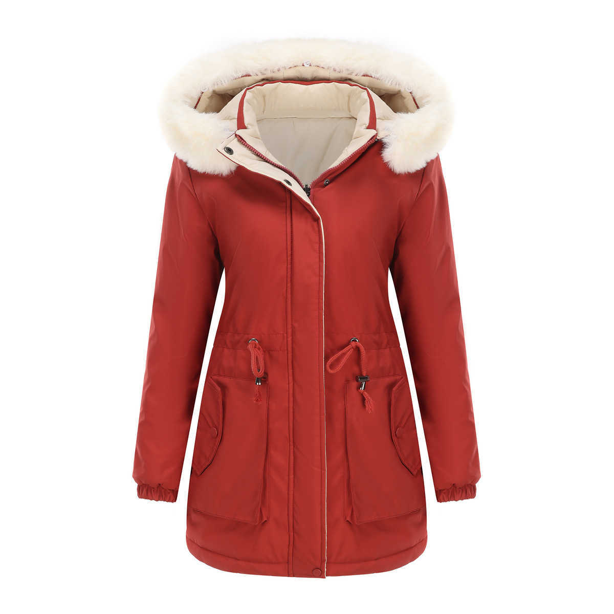 Autumn Winter Two Sided Warm Cotton Coat Detachable Hat Long Sleeve Zipper Thick Cotton Coat Hairy Collar Overcomes Womens Long Trench Coat Womens Jac