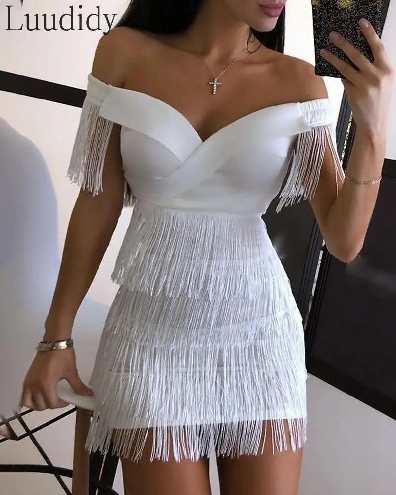 White Fringe Celebrity Evening Runway Party Dress Women Sexy Tassels Short Sleeve Club Vestidos 250120