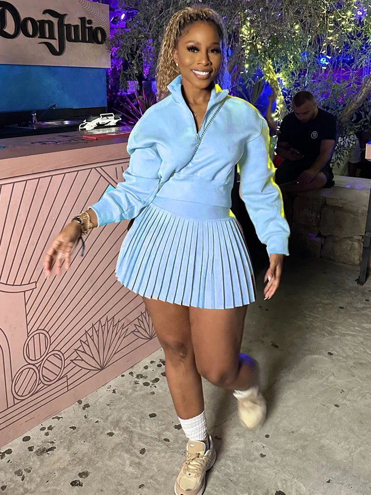 BKQU Elegant Solid 2 Piece Set Women Casual Long Sleeve Sweatshirt Pleated Mini Skirt Suit Autumn Winter Party Simple Clothing 250121