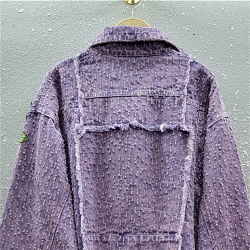Embroidery Flower Purple Denim Jacket Women Casual Loose Short Cow Outwear Spring Autumn Hem Frayed Jeans Jacket Coat Female 250107