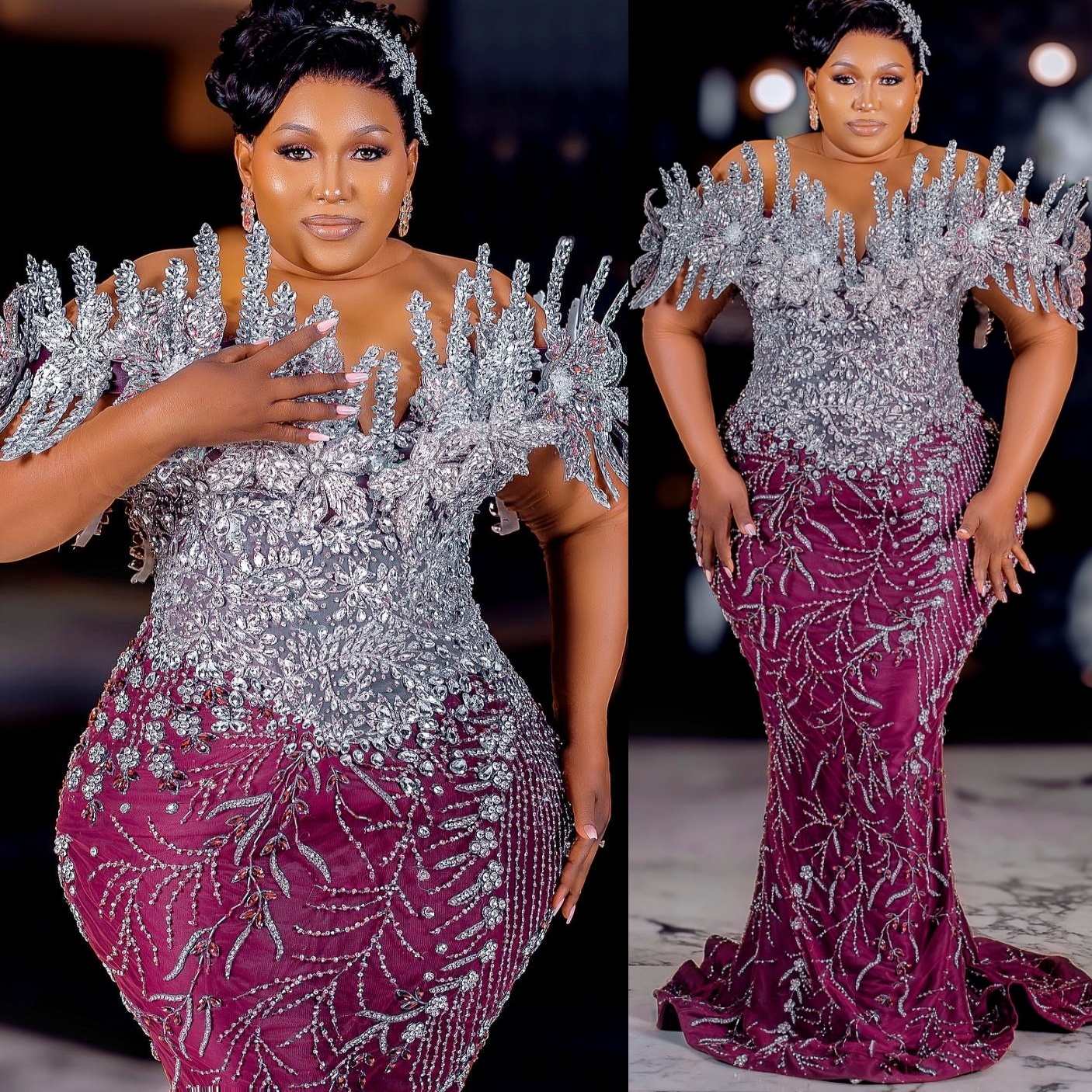 Aso Ebi Burgundy Mermaid Prom Dresses 2025 Floral Crystals Beaded Lace Evening Formal Party Second Birthday Engagement Gowns Plus Size Dress For Speci