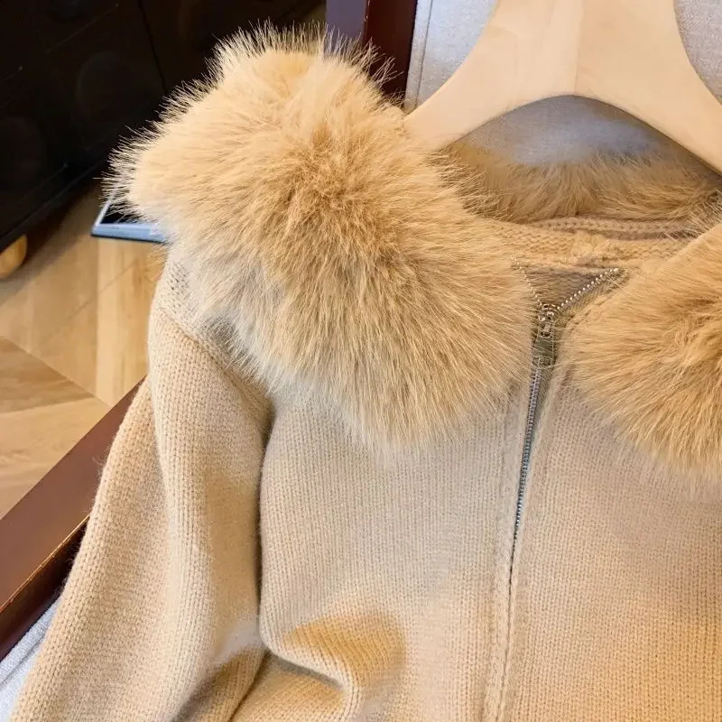 Korean double zipper fur collar stitching n sense hooded knit cardigan womens slim and top in autumn winter 250109