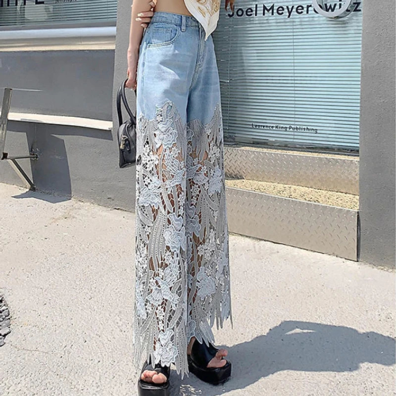 Fashion Elegant Jeans for Women High Waist Lace Patchworl Hollow Out Irregular Womens Casual Loose All Match Pants 250117