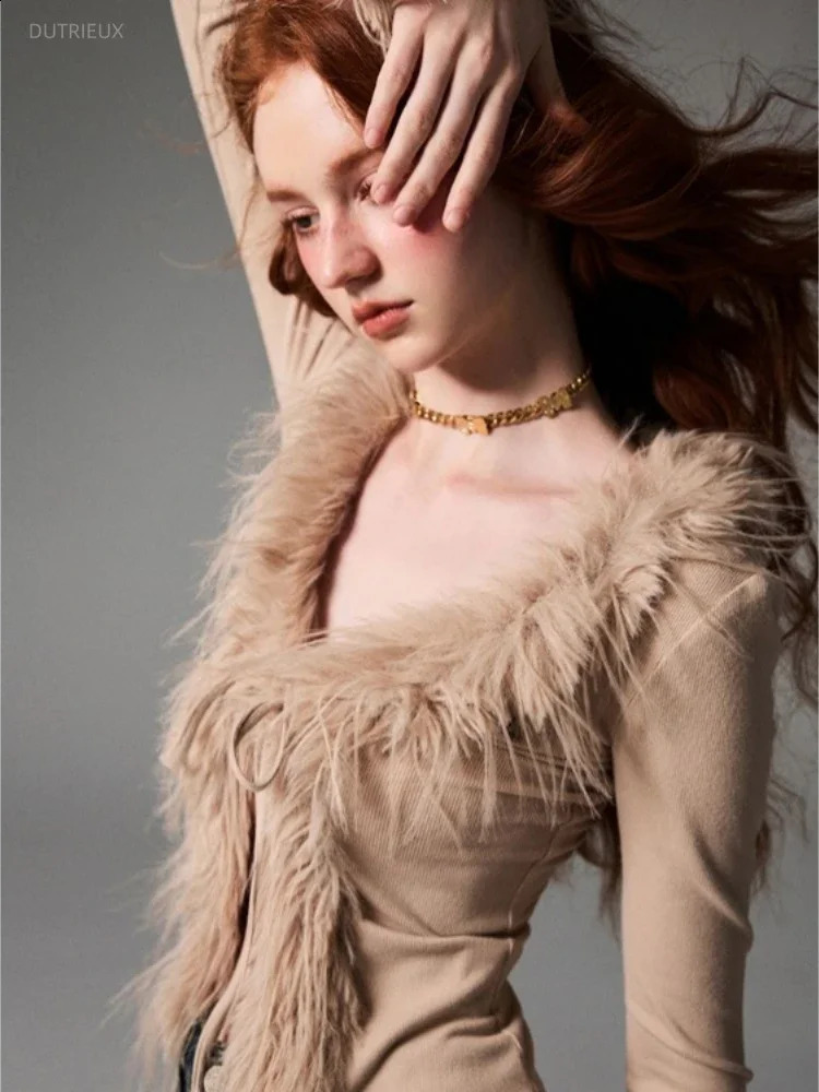 Elegant Vintage Vneck Lace Up Furry Plush Cardigan Women Spring Crop Top Long Sleeve Sweaters Sexy Slim Fit Bottoming Tops 250109Z