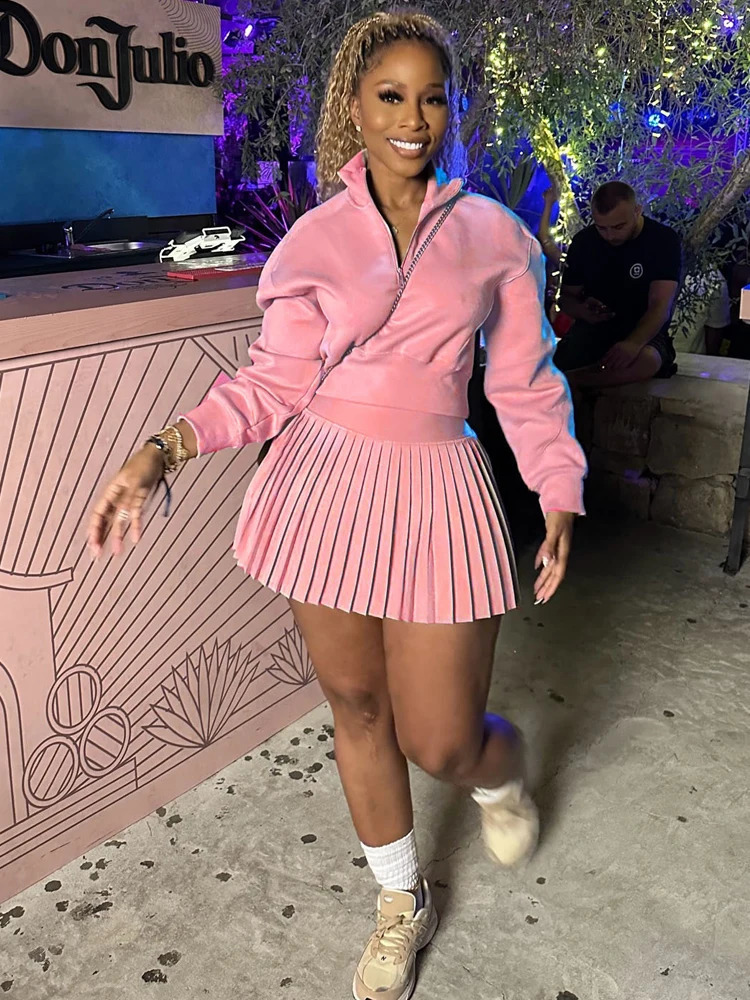 BKQU Elegant Solid 2 Piece Set Women Casual Long Sleeve Sweatshirt Pleated Mini Skirt Suit Autumn Winter Party Simple Clothing 250121