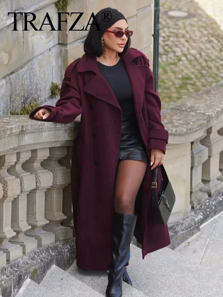 TRAFZA Elegant Double Breasted Windbreaker With Belt Female Long Sleeve Lace Up Loose Lapel Pockets Fashion Woolen Coat 250118