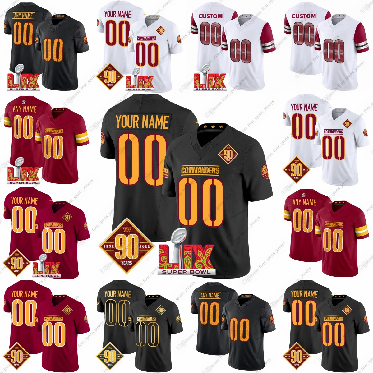 Custom 2025 Super Bowl Commanders Football Jersey Stitched 21 Taylor 28 Green 5 Daniels 17 McLaurin 99 Young