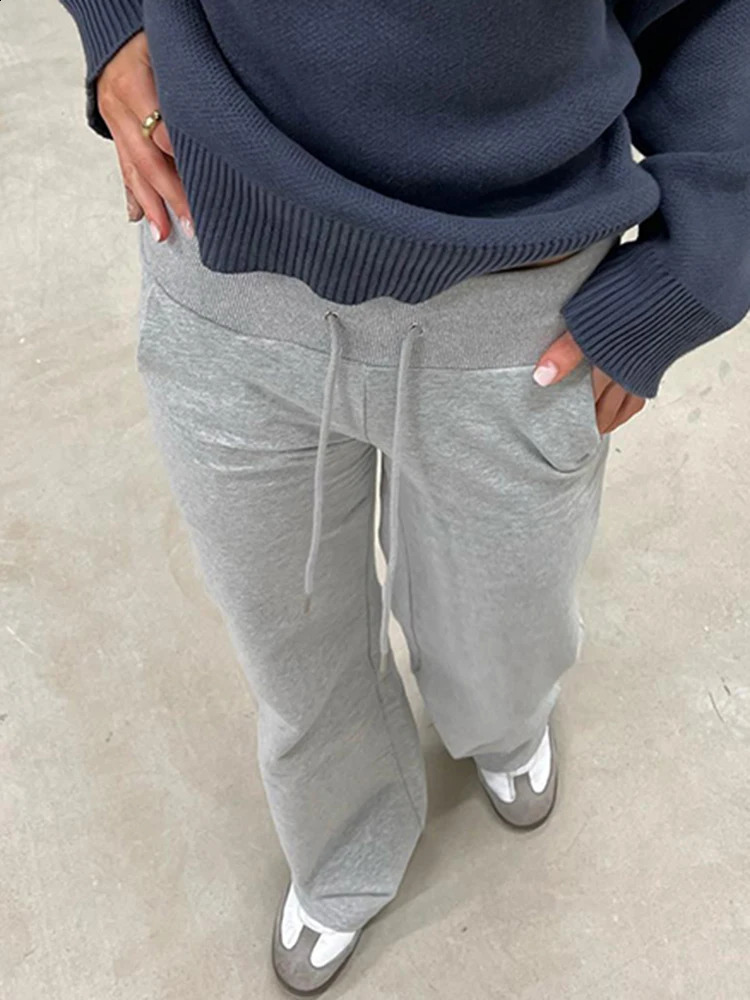 Grey Drawstring Waist Casual Sweatpants Women Solid Simple Basic Minimalist Fiess Joggers Straight Pants 250122