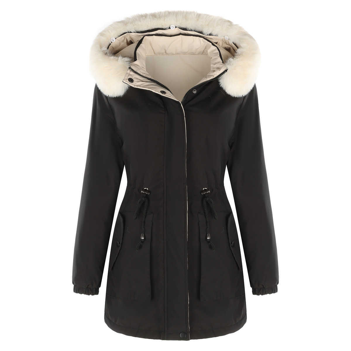 Autumn Winter Two Sided Warm Cotton Coat Detachable Hat Long Sleeve Zipper Thick Cotton Coat Hairy Collar Overcomes Womens Long Trench Coat Womens Jac