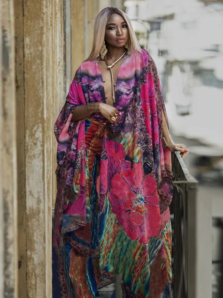 Elegant Kaftan Long Print Tunic Loose Maxi Dress Vintage Bikini Women Summer Clothing Beach Wear Swim Suit Cover Up A 250120