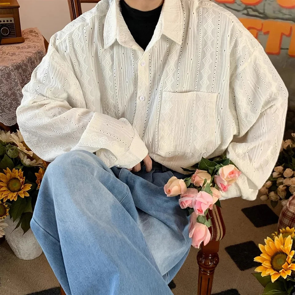 Shirts For Men Apricot Handsome Lapel Men Blouse Vacation Hollow Out Sexy Fashion Men Clothing Male Mesh Long-sleeved Shirts 250118