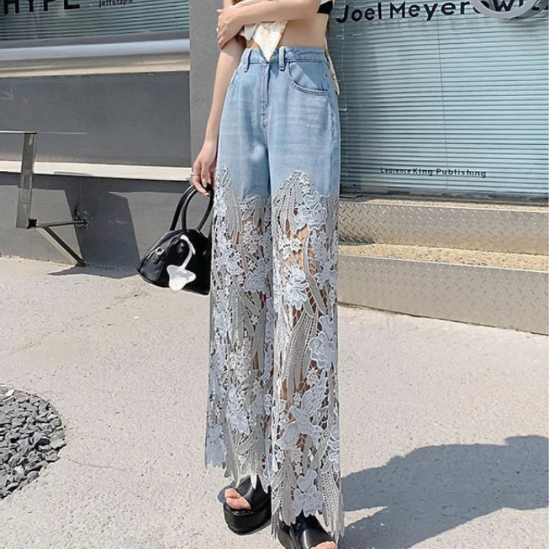 Fashion Elegant Jeans for Women High Waist Lace Patchworl Hollow Out Irregular Womens Casual Loose All Match Pants 250117