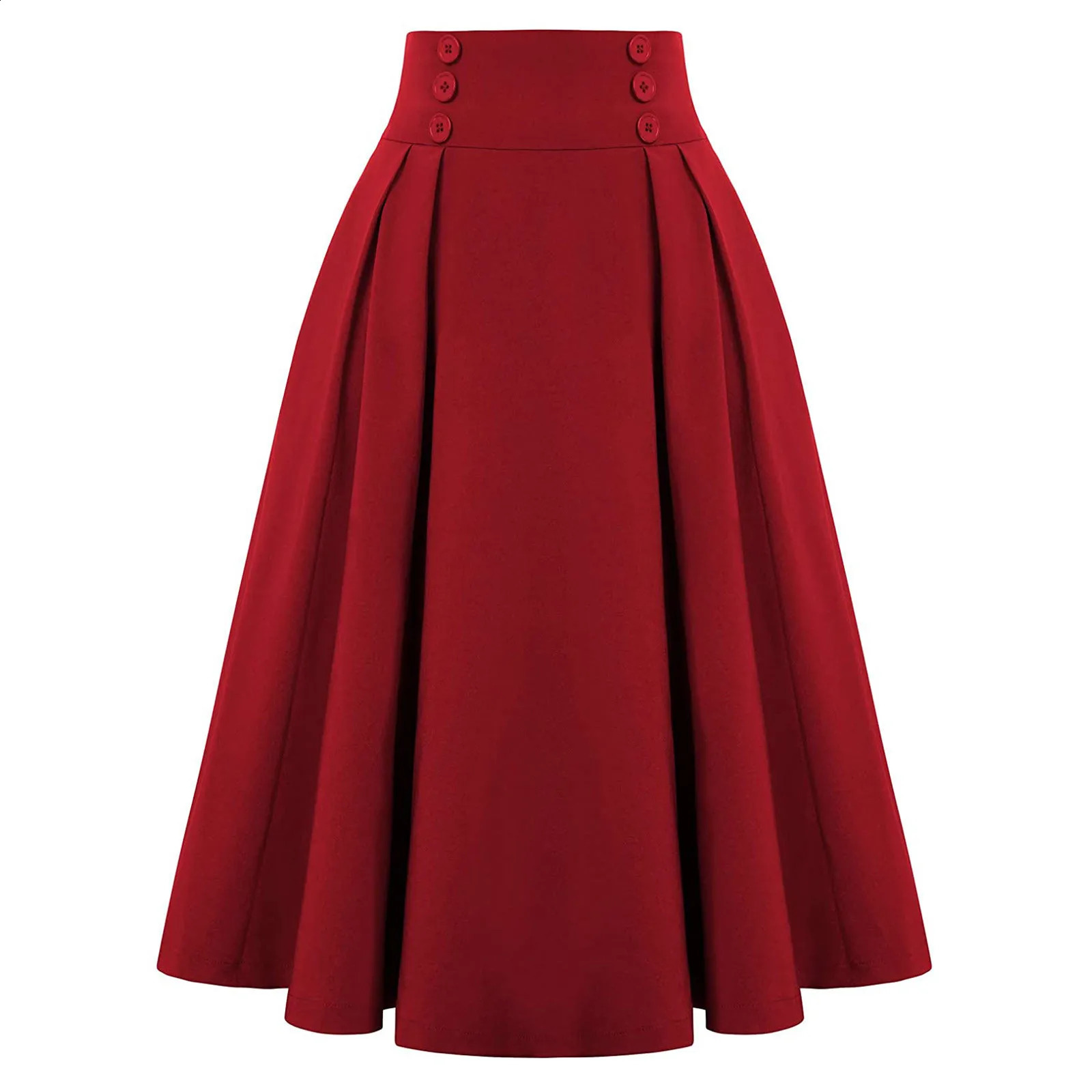 Women Autumn And Winter Casual Pleated Skirts Solid Color High Waisted Double Breasted Button Vintage A Line Half Dress 250110Z